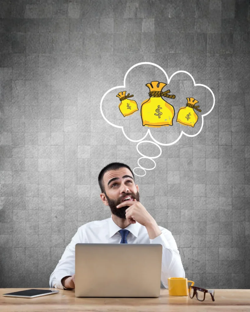 Person thinking about money bags